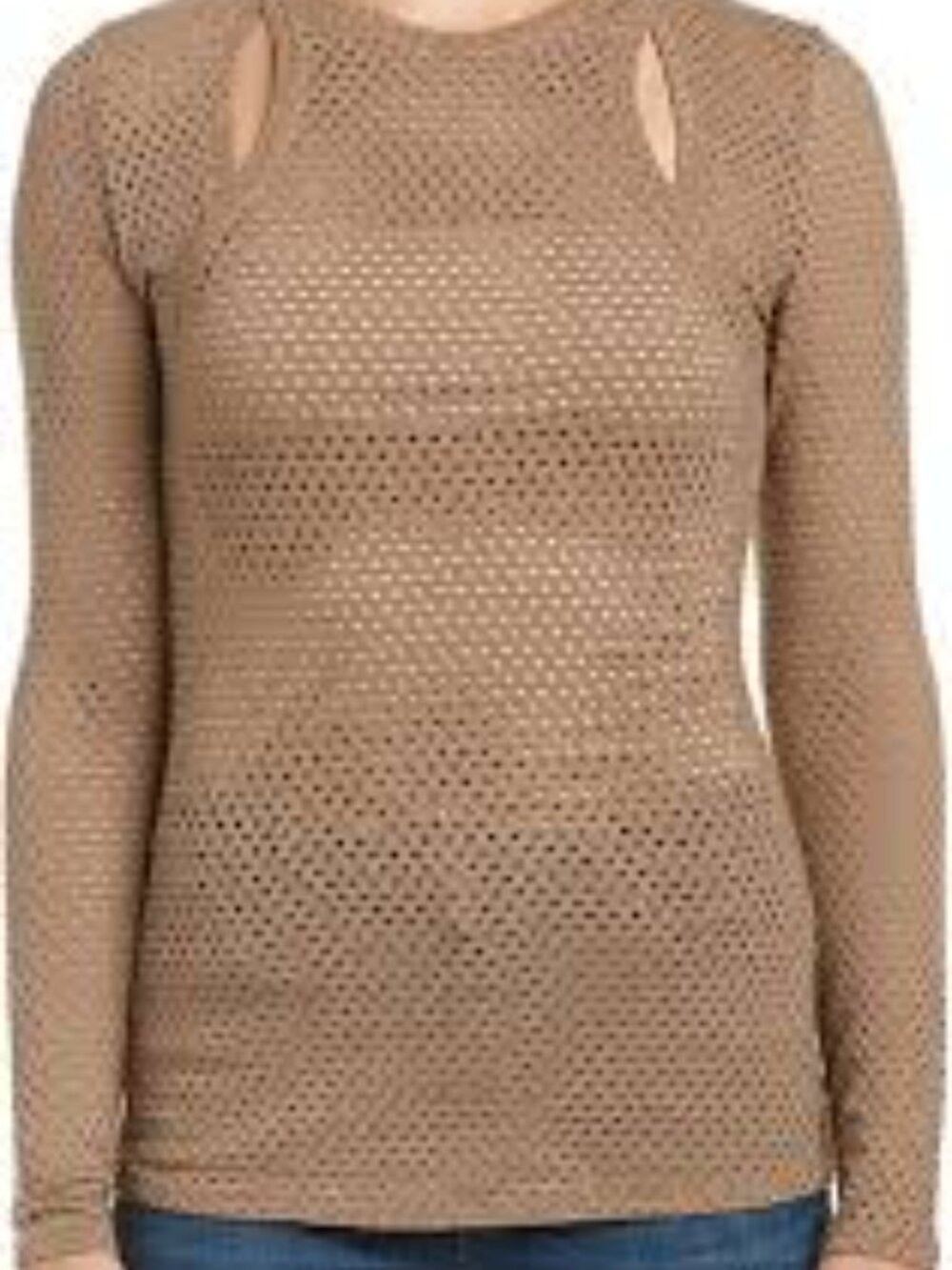 BCBGMAXAZRIA Mercy Cutout Open Mesh Long Sleeve Top Tan Fatigue Size M
